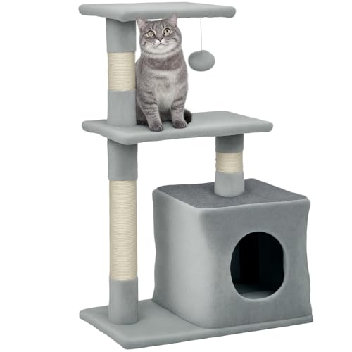 PawHut Katzenkratzbaum mit Haus, 2 Plattformen und Spielzeugball, Spanplatte, Sisal und Plüsch Kratzbaum, 50x30x81,5 cm, grau von PawHut
