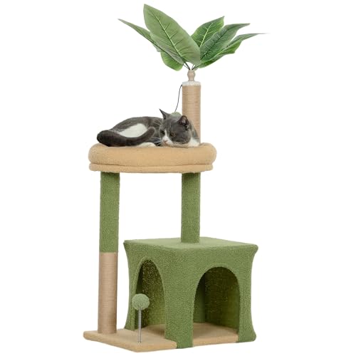 PawHut Katzenkratzbaum mit Palmblatt, Haus, Bettchen und 2 Bällen, Katzenturm aus Holz und Polyester, 44x30x98 cm, grün und braun PawHut Katzenkratzbaum mit Palmblatt, Haus, Bettchen und 2 Bällen, Katzenturm aus Holz und Polyester, 44x30x98 cm, grün und braun von PawHut