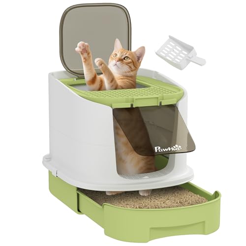 PawHut Katzentoilette, abgedeckt, geschlossen, mit Eingang vorne, Ausgang oben, abnehmbarer Deckel, abnehmbare Schale und Schaufel, 40,5 x 52,5 x 42,5 cm, Weiß und Grün von PawHut