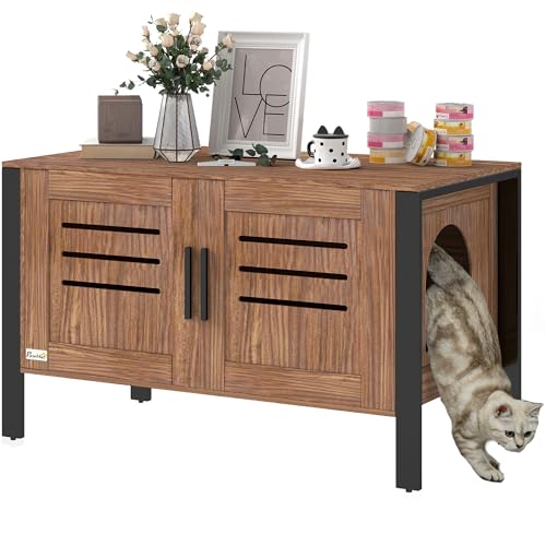 PawHut Katzentoilette Gehege Versteckte Katzentoilette Möbel Waschraum mit hohen Beinen Kratzbrett Doppeltüren Belüftungslöchern Indoor Katzenhaus Beistelltisch 80 x 45 x 50 cm, Dunkelbraun von PawHut