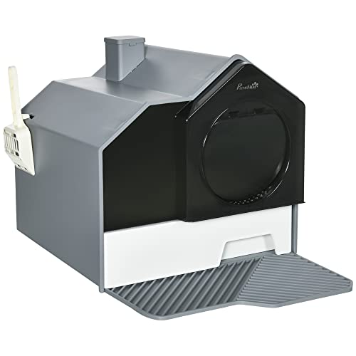 PawHut Katzentoilette Katzenklo mit Bodenwanne, Schaufel, Filter, Toilette mit Haube für Katzen bis 8 kg, ABS, Kunststoff, Grau 47 x 45 x 42 cm von PawHut