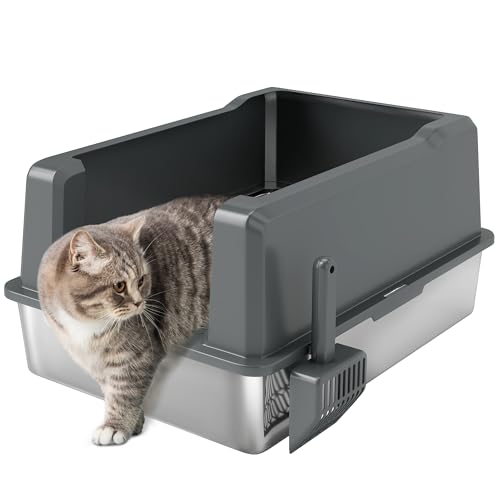 PawHut Katzentoilette XXL aus Edelstahl, 85 l, großes Fassungsvermögen, Katzentoilette halbgeschlossen, mit Schaufel und rutschfesten Pads, leicht zu reinigen, 71 x 50,8 x 35,5 cm, Grau von PawHut