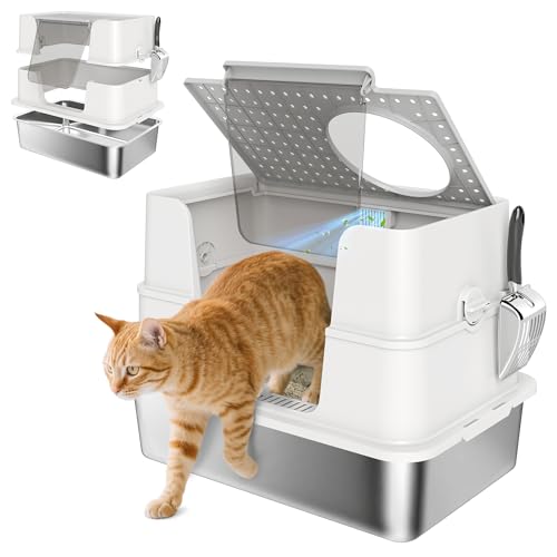 PawHut Katzentoilette aus Edelstahl, XL, Katzentoilette für große Katzen, mit aufklappbarem Deckel, hoher Eingang, geruchsfrei, leicht zu reinigen, auslaufsicher, Hellgrau von PawHut