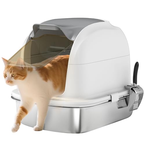 PawHut Katzentoilette aus Edelstahl, XL, Katzentoilette mit aufklappbarem Deckel, hoher Seiteneingang, Schaufel, geruchsfrei, leicht zu reinigen, auslaufsicher, Weiß von PawHut