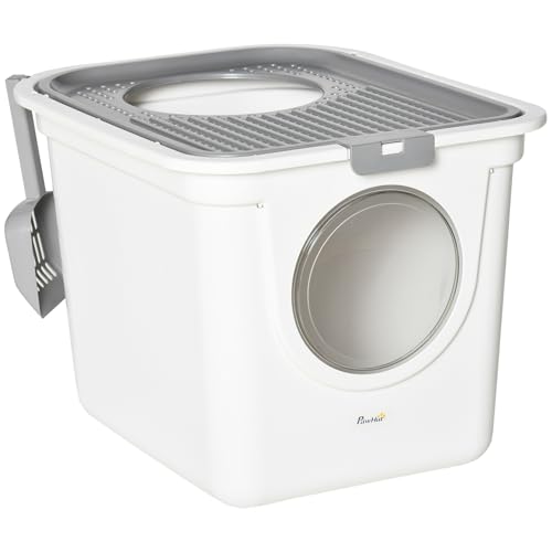 PawHut Katzenklo mit Deckel Katzentoilette mit Haube Schaufel XXL Katzentoilette für Katzen bis 5 kg 44 x 55 x 39 cm Grau+Weiß von PawHut