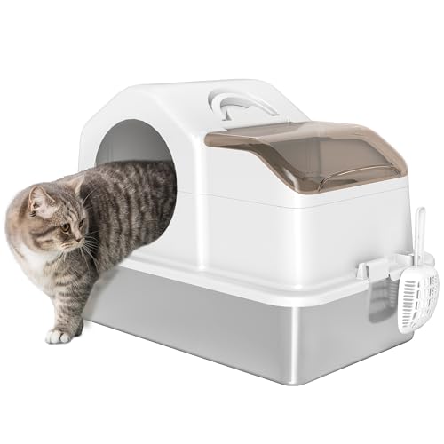 PawHut Katzentoilette mit abnehmbarem Deckel, geschlossene Katzentoilette hohe Seiten, Schaufel, geruchlos, Nicht klebrig, auslaufsicher, leicht zu reinigen, 60,5x40,5x42cm, weiß von PawHut