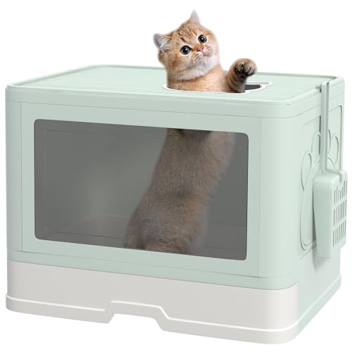 PawHut Katzentoilette mit abnehmbarer Katzentoilette, abnehmbar, Schaufel, Aufbewahrungsbox, Bürste, 2 Türen, Haupteingang und Ausgang oben, 48,5 x 38 x 36,5 cm, Hellgrün und Weiß von PawHut