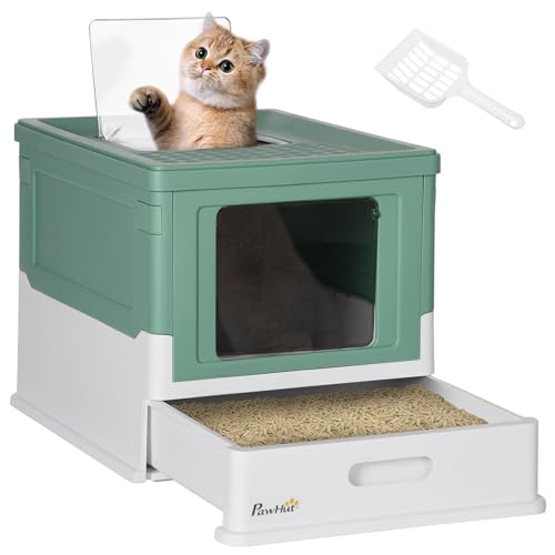 PawHut Katzentoilette Katzenklo Haus geschlossen faltbar doppelte Flügeltür und Oben + Schaufel + Schublade einfache Reinigung - 47,5 x 35,5 x 36,7 cm grün weiß von PawHut