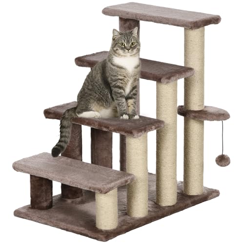 PawHut Katzentreppe 4-stufige Haustiertreppe mit Kratzsäulen Ball Hundetreppe Tiertreppe für Katzen bis 5 kg Plüsch Jute Braun 60 x 40 x 64 cm von PawHut