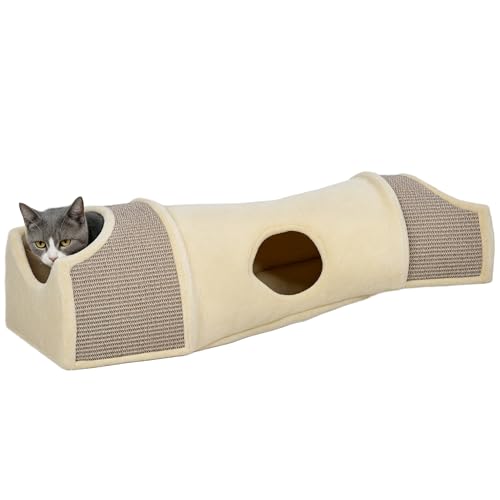 PawHut Katzentunnel, Katzenspielzeug mit 2 Häuschen, 3 Öffnungen, Faltbarer Spieltunnel aus Sisal, Plüsch, Kombiniertes Design, Beige+Grau, 107 x 38 x 29 cm von PawHut