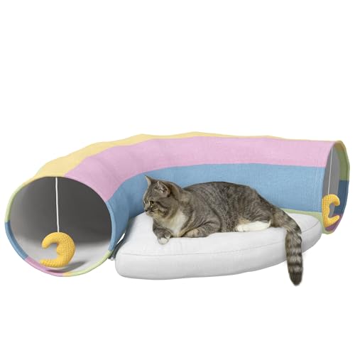 PawHut Katzentunnel, Katzenspielzeug mit Spiel, Kissen, Faltbarer Spieltunnel aus Polyester, Kombiniertes Design, für Katzen, Nager, Kleintier, Mehrfarbig, 105 x 65 x 28 cm von PawHut