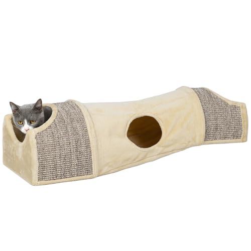 PawHut Katzentunnel, Katzenspielzeug mit 2 Häuschen, 3 Öffnungen, Faltbarer Spieltunnel aus Sisal, Plüsch, Kombiniertes Design, Beige+Grau, 107 x 38 x 29 cm von PawHut