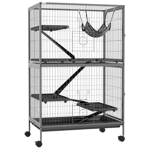 PawHut Kleintierkäfig, Frettchenkäfig Nagerkäfig mit ausziehbarem Tablett Käfig mit Hängematte, Rampen, Rollen für Eichhörnchen, Zwerghamster, Chinchilla Grau von PawHut