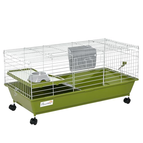 PawHut Kleintierkäfig Kaninchen Meerschweinchen Chinchillas Käfig mit Rädern Wasserflasche Futterschale Plattform Rampe 89 x 45 x 40 cm, Grün von PawHut