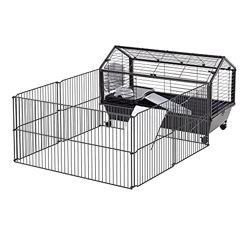 PawHut Kleintierkäfig Kleintierstall mit klappbarem Auslaufbereich, Nagerkäfig mit Wasserflasche, Wasserschale und Rampen, für Kleintiere Metall Schwarz 88 x 128,5 x 56 cm von PawHut