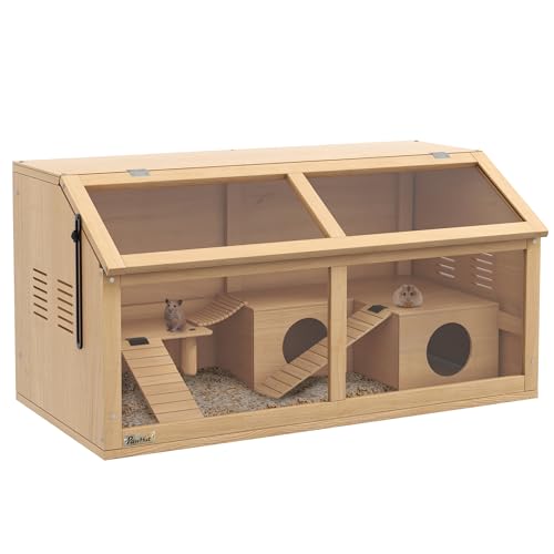 PawHut Hamsterkäfig Kleintierkäfig aus Holz, Kleintierstall mit Hängebrücke, Leitern, Hütte, 84 x 45 x 44 cm Nagerkäfig mit Oberer Tür, für Zwerghamster, Natur von PawHut