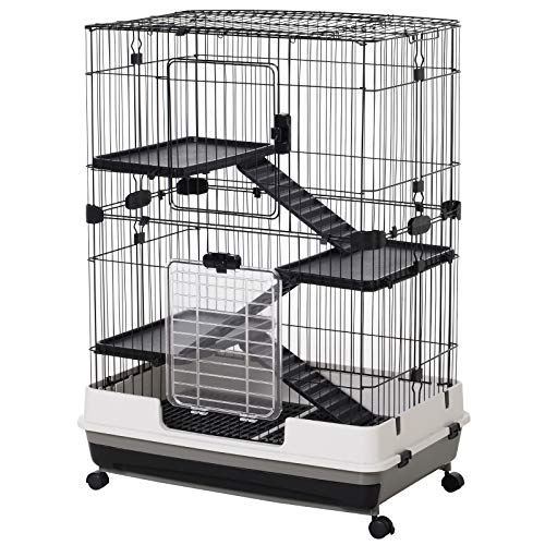 PawHut Kleintierkäfig mit 4 Räder, Käfig, 3 Öffnungen, 2 Plattformen, Metall Schwarz 81,2 x 52,7 x 110 cm von PawHut