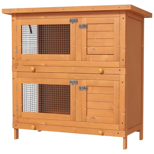 PawHut Kleintierstall Kleintierhaus mit Asphaltdach Zwergkaninchenstall doppelstöckig Meerschweinchenstall wetterbeständig Kleintierkäfig Tierstall für Outdoor Tannenholz 90 x 45 x 90 cm Gelb von PawHut