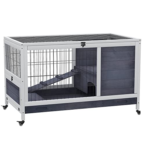 PawHut Kleintierstall mit Rädern, Kleintierhaus Kleintierkäfig aus Tannenholz, Meerschweinchenkäfig Meerschweinchenstall, 90 x 53 x 59 cm, Dunkelgrau+Weiß PawHut Kleintierstall mit Rädern, Kleintierhaus Kleintierkäfig aus Tannenholz, Meerschweinchenkäfig Meerschweinchenstall, 90 x 53 x 59 cm, Dunkelgrau+Weiß von PawHut