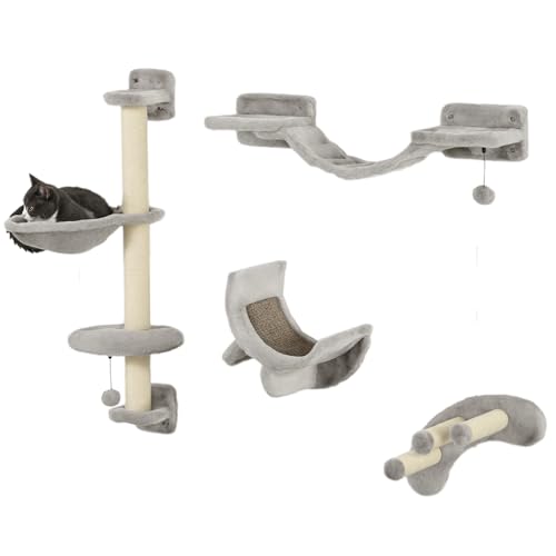 PawHut Kletterwand-Set für Katzen, Wandregal für Katzen mit Hängematte, Brücke, Kratzbrett und Ball, stabil für Innenräume bis 5 kg, grau PawHut Kletterwand-Set für Katzen, Wandregal für Katzen mit Hängematte, Brücke, Kratzbrett und Ball, stabil für Innenräume bis 5 kg, grau von PawHut
