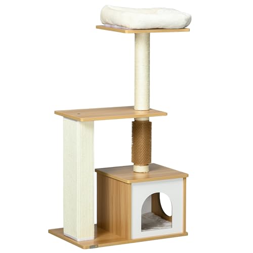 PawHut Kratzbaum, 114 cm hoch, Katzenbaum, mehrstöckiger Kletterbaum mit Katzenbett, Katzenhöhle, Katzenmöbel mit Kitzelsäule, Katzenkratzbaum für Katzen bis 5 kg, Eiche PawHut Kratzbaum, 114 cm hoch, Katzenbaum, mehrstöckiger Kletterbaum mit Katzenbett, Katzenhöhle, Katzenmöbel mit Kitzelsäule, Katzenkratzbaum für Katzen bis 5 kg, Eiche von PawHut