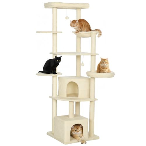 PawHut Kratzbaum, 200 cm hoch Katzenbaum mit 2 Betten, 2 Höhlen, Katzenbett, Hängematte, 2 Bällen, mehrstöckiger Katzenkratzbaum mit Sisal-Seil, Plüsch, für 2-3 Katzen unter 6 kg, Beige von PawHut