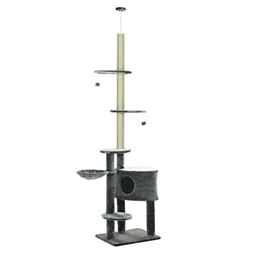 PawHut Kratzbaum Deckenhoch Höhenverstellbar 220-265cm Katzenbaum mit Sisalsäulen, Spielball, Höhenverstellbarer Katzenkratzbaum, Katzen Kletterbaum mit Katzenbett, Katzenhaus, Dunkelgrau PawHut Kratzbaum Deckenhoch Höhenverstellbar 220-265cm Katzenbaum mit Sisalsäulen, Spielball, Höhenverstellbarer Katzenkratzbaum, Katzen Kletterbaum mit Katzenbett, Katzenhaus, Dunkelgrau von PawHut