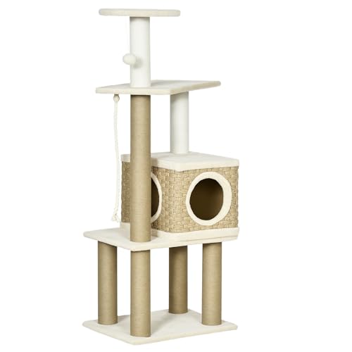 PawHut Kratzbaum, Höhe 128 cm, Katzenbaum mit Katzenhöle, Kletterbaum mit großer Plattform, Raum, Sisalsäule, Spielbaum, Katzenkratzbaum mit Seil, Katzenmöbel, Beige+Gelb PawHut Kratzbaum, Höhe 128 cm, Katzenbaum mit Katzenhöle, Kletterbaum mit großer Plattform, Raum, Sisalsäule, Spielbaum, Katzenkratzbaum mit Seil, Katzenmöbel, Beige+Gelb von PawHut