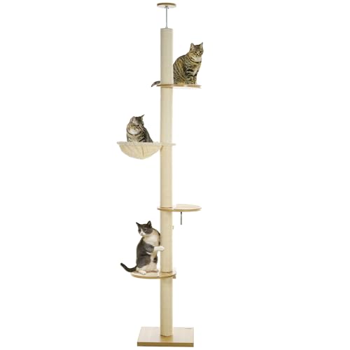 PawHut Kratzbaum, Katzenkratzbaum Deckenhoch, 230-250 cm, Kletterbaum mit Hängematte, Katzenbaum Höhenverstellbar, Spielbaum mit Kippschutz, Plüsch, Eiche+Cremeweiß PawHut Kratzbaum, Katzenkratzbaum Deckenhoch, 230-250 cm, Kletterbaum mit Hängematte, Katzenbaum Höhenverstellbar, Spielbaum mit Kippschutz, Plüsch, Eiche+Cremeweiß von PawHut