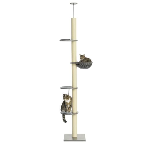 PawHut Kratzbaum, Katzenkratzbaum Deckenhoch, 230-250 cm, Kletterbaum mit Hängematte, Katzenbaum Höhenverstellbar, Spielbaum mit Kippschutz, Plüsch, Grau+Cremeweiß von PawHut