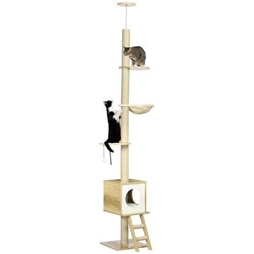 PawHut Kratzbaum, Katzenkratzbaum Deckenhoch, 240-260 cm, Kletterbaum mit Katzenhaus, Jute-Seilpfosten, Hängematte, Katzenleiter, Spielball, Katzenmöbel, Katzenbaum, Kippschutz, Beige+Hellbraun PawHut Kratzbaum, Katzenkratzbaum Deckenhoch, 240-260 cm, Kletterbaum mit Katzenhaus, Jute-Seilpfosten, Hängematte, Katzenleiter, Spielball, Katzenmöbel, Katzenbaum, Kippschutz, Beige+Hellbraun von PawHut