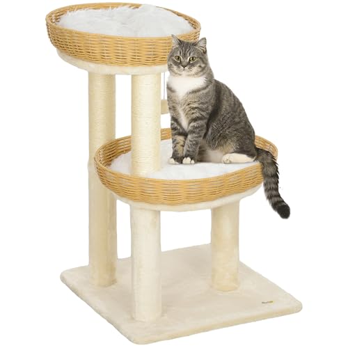 PawHut Kratzbaum, Kletterbaum, Höhe 75,5 cm, mit zwei Katzenbetten aus Rattan, Kratzstangen, waschbaren Kissen, Spielzeugball, Beige PawHut Kratzbaum, Kletterbaum, Höhe 75,5 cm, mit zwei Katzenbetten aus Rattan, Kratzstangen, waschbaren Kissen, Spielzeugball, Beige von PawHut