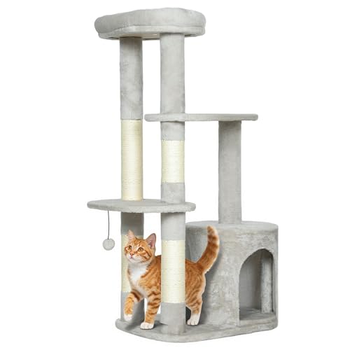 PawHut Kratzbaum 114 cm Katzenturm mit Höhle, Sisalstämme, Plattform, Spielball, mehrstöckiger Katzenkratzbaum, Kletterbaum, für mittelgroße Katzen unter 6 kg, Hellgrau von PawHut