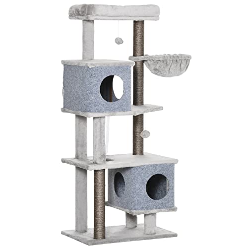 PawHut Kratzbaum 142H cm Katzenbaum mit 4 Ebenen Kletterbaum mit 2 Katzenhaus, Plattformen, Korb Sisalsäule Spielball Katzenkratzbaum Kippschutz Plüsch Grau PawHut Kratzbaum 142H cm Katzenbaum mit 4 Ebenen Kletterbaum mit 2 Katzenhaus, Plattformen, Korb Sisalsäule Spielball Katzenkratzbaum Kippschutz Plüsch Grau von PawHut