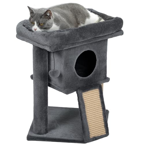 PawHut Kratzbaum 57 cm Kleiner Katzenbaum mit Katzenhöhle, Liegeplattform, Katzenkratzbaum mit Kratzbrett, Spielball, Katzenmöbel für Katzen bis 5 kg, Dunkelgrau von PawHut