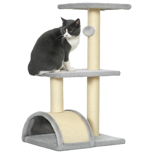 PawHut Kratzbaum 72 cm Katzenturm mit Plüschballen, Sisalstämme, Plattform, Kratzbrett mehrstöckiger Katzenkratzbaum, Kletterbaum, für mittelgroße Katzen, Hellgrau von PawHut
