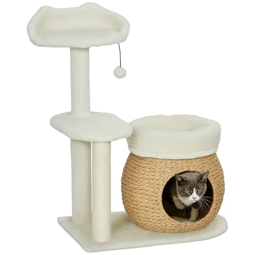 PawHut Kratzbaum 79 cm Katzenbaum mit Katzenhöhle, Bett, Spielbälle, Katzenkratzbaum mit Sisal-Kratzsäulen, für Katzen bis 5 kg, Cremeweiß von PawHut