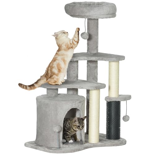 PawHut Kratzbaum 87 cm Katzenbaum mit Katzenhöhle, Bett, Spielbälle, Katzenkratzbaum mit Sisal-Kratzsäulen, für Katzen bis 5 kg, Hellgrau von PawHut