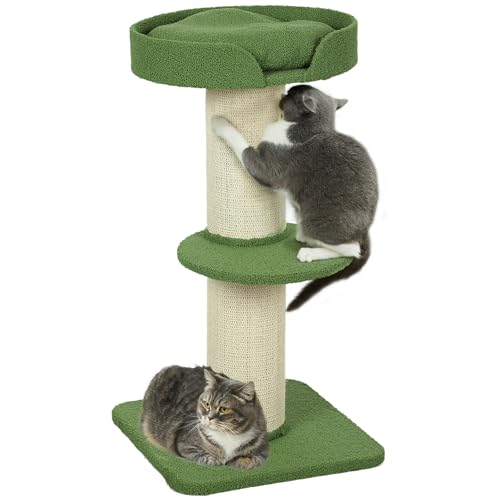 PawHut Kratzbaum 91 cm Katzenturm mit Sisalstämme, Plattform, Kissen mehrstöckiger Katzenkratzbaum, Kletterbaum, für mittelgroße Katzen, Grün von PawHut