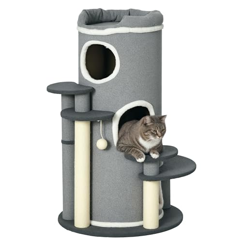 PawHut Kratzbaum 99 cm Katzenturm mit 3 Höhle, Spielball, Sisalstämme, Plattform, mehrstöckiger Katzenkratzbaum, Kletterbaum, für mittelgroße Katzen, Grau von PawHut