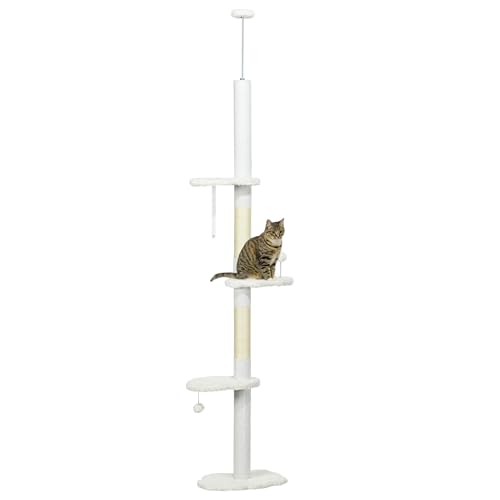 PawHut Kratzbaum Deckenhoch, 225-255 cm Katzenbaum, Katzenkratzbaum, Kletterbaum mit Jute-Seilpfosten, Katzenleiter, Spielball, Hängematte, Katzenmöbel für Katzen bis 5 kg, Weiß PawHut Kratzbaum Deckenhoch, 225-255 cm Katzenbaum, Katzenkratzbaum, Kletterbaum mit Jute-Seilpfosten, Katzenleiter, Spielball, Hängematte, Katzenmöbel für Katzen bis 5 kg, Weiß von PawHut