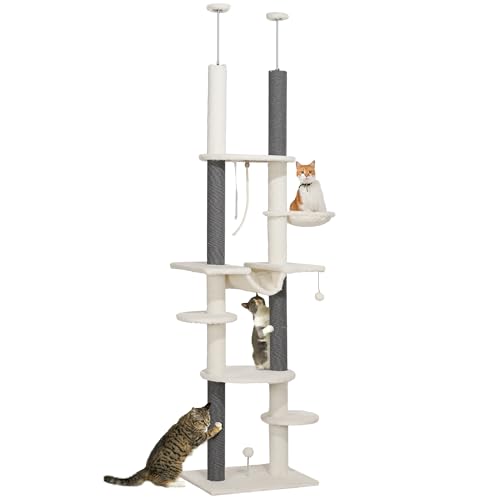 PawHut Kratzbaum Deckenhoch, Katzenbaum, 225-255 cm Katzenkratzbaum mit Hängematten, Kratzstämmen, Korb, Spielball, Katzenmöbel mit Kippschutz, Weiß PawHut Kratzbaum Deckenhoch, Katzenbaum, 225-255 cm Katzenkratzbaum mit Hängematten, Kratzstämmen, Korb, Spielball, Katzenmöbel mit Kippschutz, Weiß von PawHut