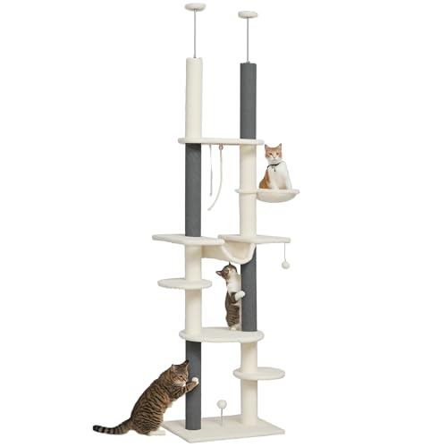 PawHut Kratzbaum Deckenhoch, Katzenbaum, 225-255 cm Katzenkratzbaum mit Hängematten, Kratzstämmen, Korb, Spielball, Katzenmöbel mit Kippschutz, Weiß von PawHut