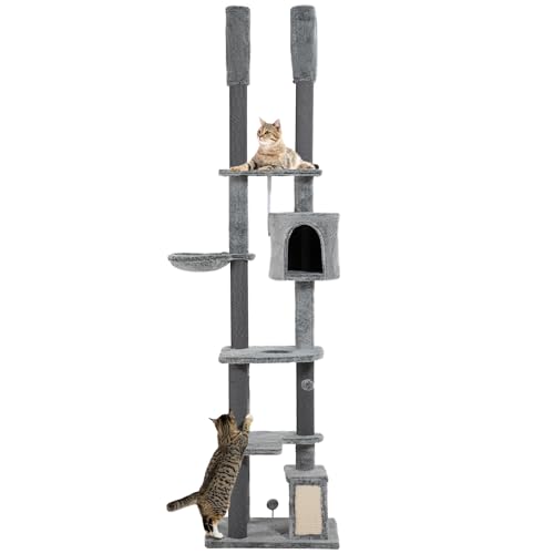 PawHut Kratzbaum Deckenhoch, Katzenbaum, 225-255 cm Katzenkratzbaum mit Katzenhöhle, Kratzstämmen, Korb, Spielball, Katzenmöbel mit Kippschutz, Grau von PawHut