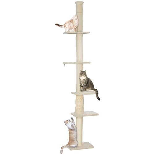 PawHut Kratzbaum Deckenhoch, Katzenbaum, 225-275 cm Katzenkratzbaum mit Plattformen, Katzenmöbel mit Kippschutz, Cremeweiß PawHut Kratzbaum Deckenhoch, Katzenbaum, 225-275 cm Katzenkratzbaum mit Plattformen, Katzenmöbel mit Kippschutz, Cremeweiß von PawHut