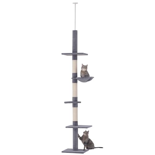PawHut Kratzbaum Deckenhoch höhenverstellbar, Stabiler Katzenbaum mit Sisalsäulen, Katzen Kletterbaum, Grau, 40 x 34 x 230-260 cm von PawHut