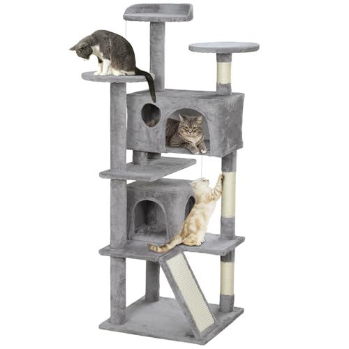 PawHut Kratzbaum Höhe 138 cm, Katzenspielturm mit Kratzbaum, Plattformen, 2 Hundehütten, Pompons, Plüschstoff, Multilevel ideal für 1-3 Katzen hellgrau PawHut Kratzbaum Höhe 138 cm, Katzenspielturm mit Kratzbaum, Plattformen, 2 Hundehütten, Pompons, Plüschstoff, Multilevel ideal für 1-3 Katzen hellgrau von PawHut