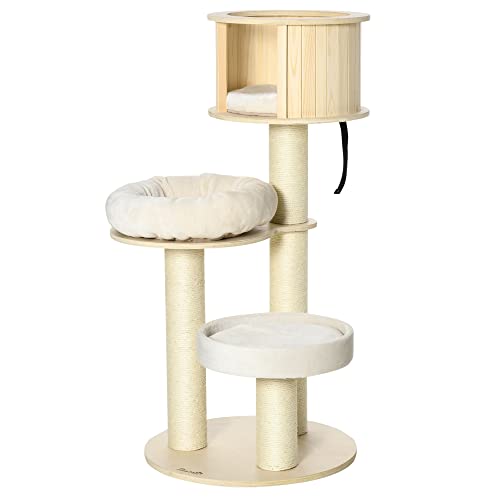 PawHut Kratzbaum Holz 122 cm hoch Katzenturm mit DREI Ebenen, Sisalstämme, Plattform, mehrstöckiger Katzenkratzbaum, Kletterbaum für Katzen unter 4,5kg, Natur+Creme von PawHut