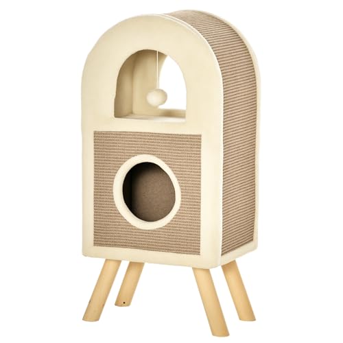 PawHut Kratzbaum Katzenhöhle Katzenkratzbaum Kratztonne mit kratzbrett Spielbällen katzenbett Kratzmatte mehrstöckig Spanplatte Plüsch Sisal Kaffee 40 x 34 x 91 cm von PawHut