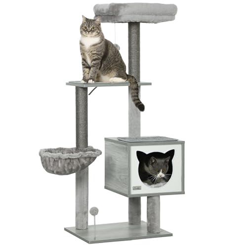 PawHut Kratzbaum Kratzbäume Multi-Ausstattung Katzenhaus Hängematte Korb lose Kissen Höhe 126 cm kurzer Plüsch Natursisal hellgrau von PawHut